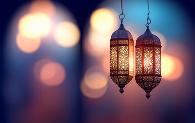 Islamic lanters over blurry bokeh background. Eid mubarak greeting cards for muslim holidays with arabic ramadan lantern decoration.