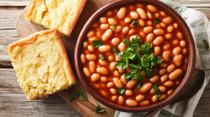 Wall Mural - Hearty beans with cornbread on wooden table