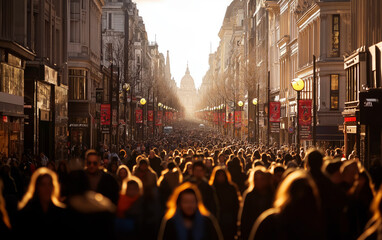 Busy street scene with groups of people walking across a crowded intersection. Fast moving crowd of people with long exposure.