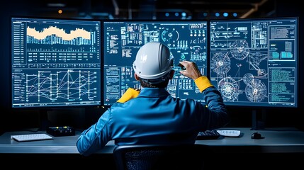 Leinwandbilder - High tech control room with multiple monitors displaying fuel processing data analytics and advanced industrial technology  The command center features a digital dashboard console