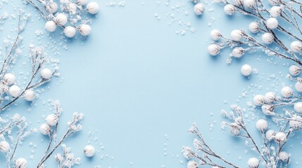 Leinwandbilder - Frosty branches with white berries are arranged around a blue background with scattered white flecks, creating a wintery scene.