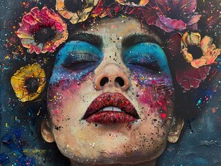 Colorful Abstract Portrait of a Woman with Flowers