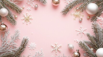 Aufkleber - Elegant holiday decorations with snowflakes, silver and pink ornaments, and evergreen branches on a soft pink backdrop, creating a joyful seasonal atmosphere.
