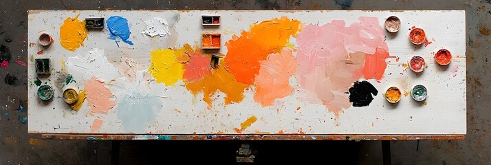 Aufkleber - Vibrant and Textured Painting Palette with Assorted Colorful Brushstrokes Spread Across a Rustic Wooden Table Surface Showcasing the Creative Process of Art and Craftsmanship