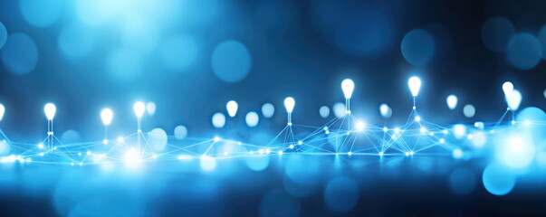 Fototapete - Abstract Blue Background with Network and Light Bulbs.