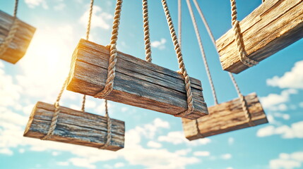 Aufkleber - Wooden Signs Hanging From Ropes Against Blue Sky.