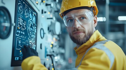 Leinwandbilder - Worker in protective uniform monitoring and overseeing fuel processing from an industrial control panel in a manufacturing or processing facility