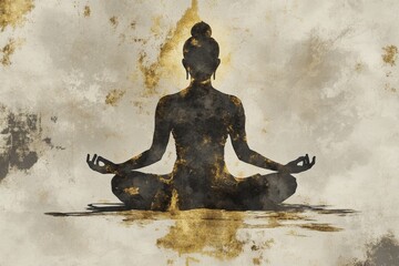 Abstract illustration of a meditating figure with a textured gold background evoking ancient wisdom spiritual practice and the serene balance of meditation and mindfulness