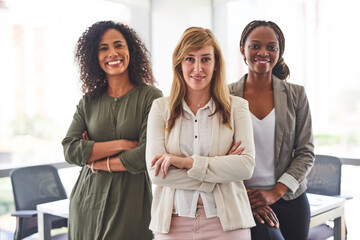 Sticker - Women empowerment, portrait or staff with arms crossed in office, solidarity or diversity in company. Female business people, smile or confident team with opportunity, leadership or mission support