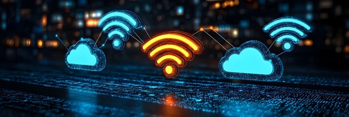 Fototapete - Glowing Wi Fi and cloud icons symbolizing digital connectivity with luminous lines linking the elements to convey the concept of a modern interconnected technology infrastructure