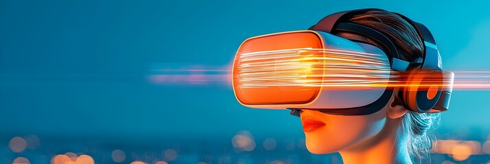 Leinwandbilder - Immersive virtual reality headset with dynamic glowing light trails suggesting a captivating futuristic digital experience