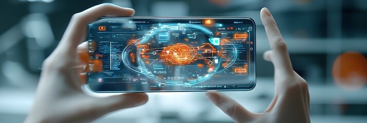Fototapete - Innovative Smartphone with Cutting Edge Holographic 3D Interface Displaying Interactive Futuristic Apps Showcasing the Future of Mobile Technology and User Experience