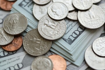 Wall Mural - Many hundred dollar bills and US cents coins. Different coins and banknotes.