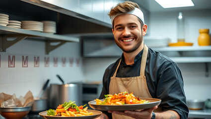 Smiling male chef with cooked food in kitchen