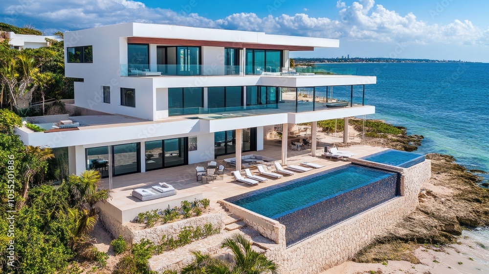 A high-end beachfront property with modern design and premium features ...