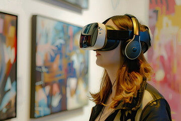 A young woman wearing a VR headset explores an art gallery exhibition of modern paintings and digital images, experiencing a virtual reality experience in a contemporary museum, Generative AI