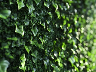 Close-up of lush green ivy leaves on a sunlit wall.