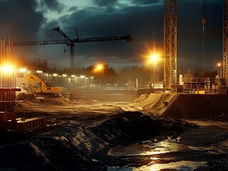 Construction site at night with cranes and lights illuminating the area.