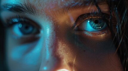 Wall Mural - a close-up shot of a person's eye with a blue light shining behind, ideal for use in scenes about te