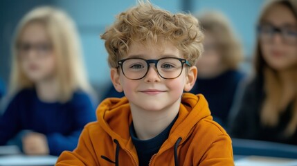 A cheerful young boy with curly hair and glasses smiling confidently in a classroom. He wears an orange hoodie, and his classmates are blurred in the background, symbolizing focus, learning