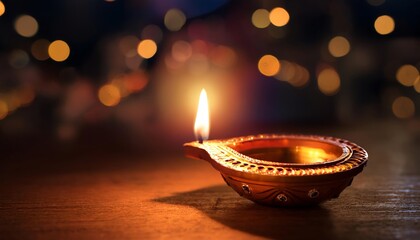 A glowing diya, symbolizing light and hope, sits on a wooden surface with a blurred background of twinkling lights.