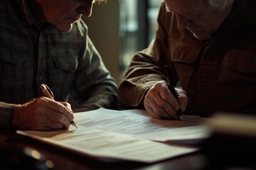 Two men discussing documents and ideas over a cup of coffee