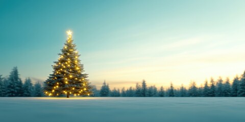 Elegant Christmas Tree with Lights in Snowy Landscape