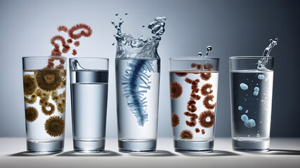 Glass with dirty water  as water pollution concept. hygiene and health concept with germs stickers on it.