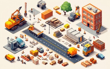 isometric vector illustration of road construction elements, showcasing road tiles and flat 3d build