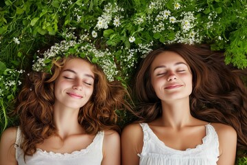 Two young women with wavy hair lying in a field of daisies and lush greenery, their eyes closed in peaceful serenity, creating a natural, fresh, and relaxing atmosphere