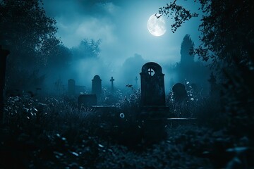 A spooky graveyard under a full moon, with eerie mist floating above the tombstones. Dark, haunting atmosphere perfect for Halloween or horror themes. blur background with generative ai