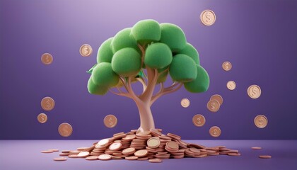 A stylized tree grows from a mound of coins, symbolizing financial growth and prosperity against a purple background.