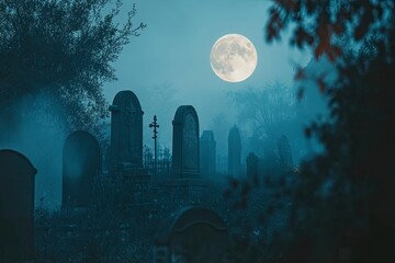 A spooky graveyard under a full moon, with eerie mist floating above the tombstones. Dark, haunting atmosphere perfect for Halloween or horror themes. blur background with generative ai