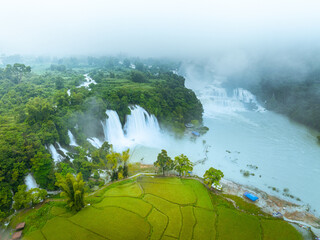 Aerial view of Ban Gioc Detian waterfall in Vietnam China border. The most beautiful and largest waterfall in Southeast Asia.