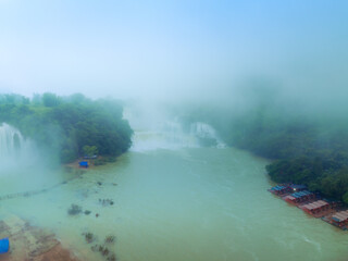 Aerial view of Ban Gioc Detian waterfall in Vietnam China border. The most beautiful and largest waterfall in Southeast Asia.