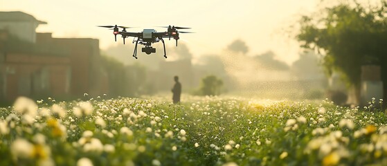 Poster - A drone flying over a fertile Indian farm field, spraying fertilizer as the farmer watches, symbolizing the integration of technology in agriculture