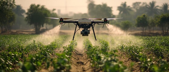 Poster - A drone flying over a fertile Indian farm field, spraying fertilizer as the farmer watches, symbolizing the integration of technology in agriculture