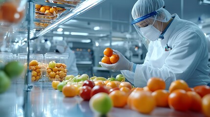 A worker wearing protective gear carefully sorts fresh fruits in a clean food processing facility, emphasizing safety and quality control in food preparation.