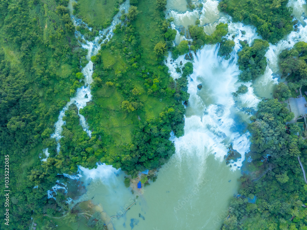 Aerial view of Ban Gioc Detian waterfall in Vietnam China border. The ...