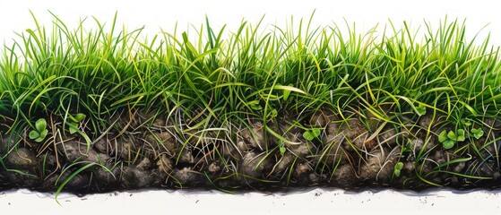 Sticker - Image shows a trapezoid cross-section of grass on dark brown soil with roots, against a white background, digitally rendered for detail and clarity.