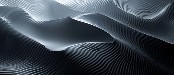 Abstract art in black and white with a gradient wave pattern, creating 3D effect like sand dunes. Shadows and light add depth, making it visually intriguing.