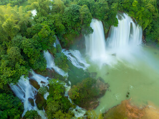 Aerial view of Ban Gioc Detian waterfall in Vietnam China border. The most beautiful and largest waterfall in Southeast Asia.