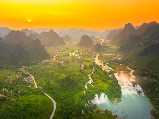 Aerial view of Ban Gioc Detian waterfall in Vietnam China border. The most beautiful and largest waterfall in Southeast Asia.