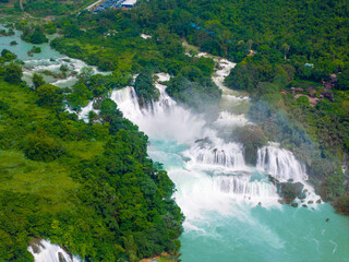 Aerial view of Ban Gioc Detian waterfall in Vietnam China border. The most beautiful and largest waterfall in Southeast Asia.