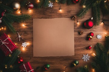 Aesthetic Christmas mock-up with clear center space placed on a wooden surface, surrounded by festive details like mini Christmas trees, red bells, and delicate snowflake confetti, with generative ai