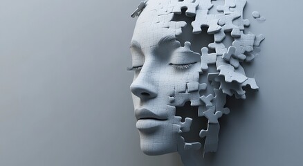 3D render of a female face made from puzzle pieces on a grey background