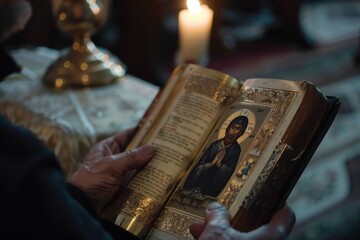 A person holds a book featuring an image of Jesus, suitable for religious or inspirational uses