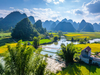 aerial landscape in phong nam valley, cao bang province, vietnam with river, nature, rice fields, be
