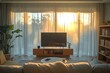 © AIGC JOE - A living room with large windows that are covered with sheer curtains. The warm glow of the setting sun bathes the space in a soft, golden light.