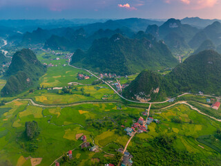 Aerial landscape in Phong Nam valley, Cao bang province, Vietnam with river, nature, rice fields, beautiful destination in Northern Vietnam